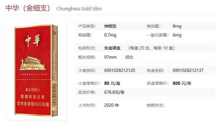 中华香烟20细支小包价格,小细中华烟多少钱一条